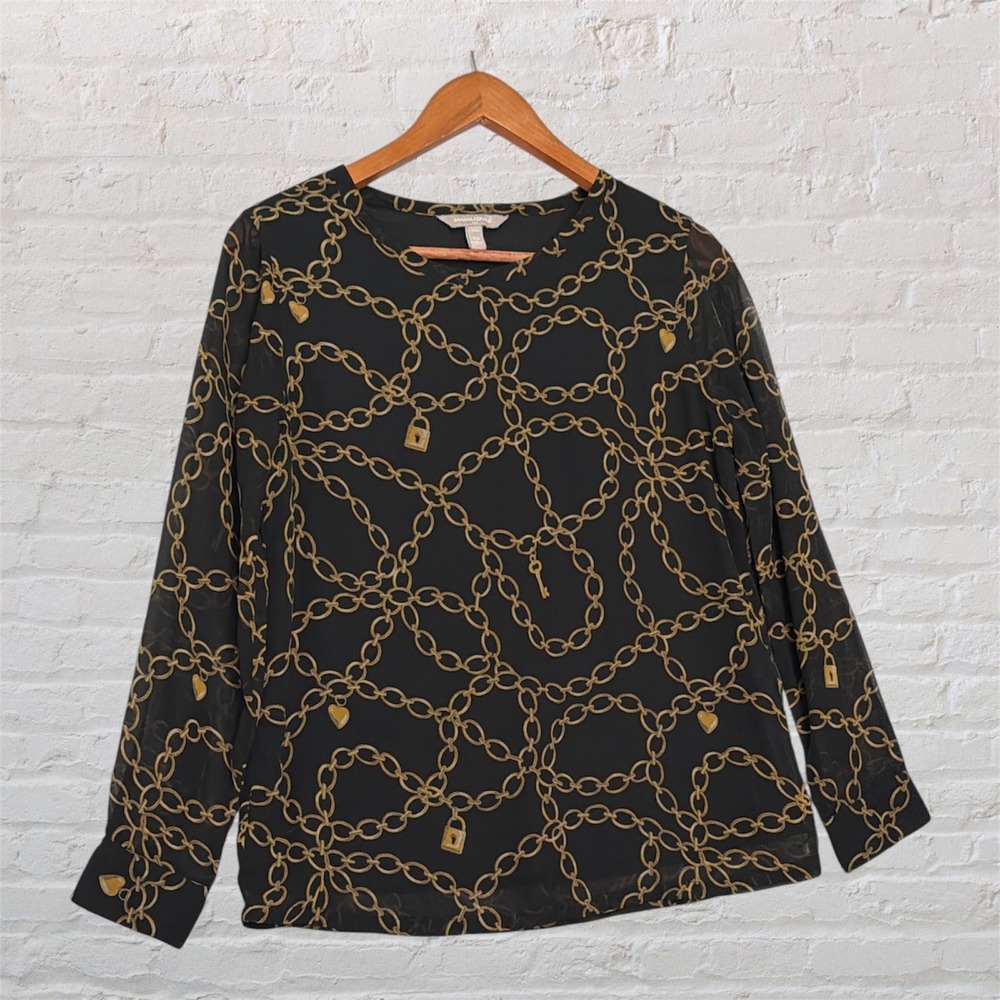 Banana Republic Black Gold Chain Lock Key‎ Print Blouse Long Sleeve Petite XS
